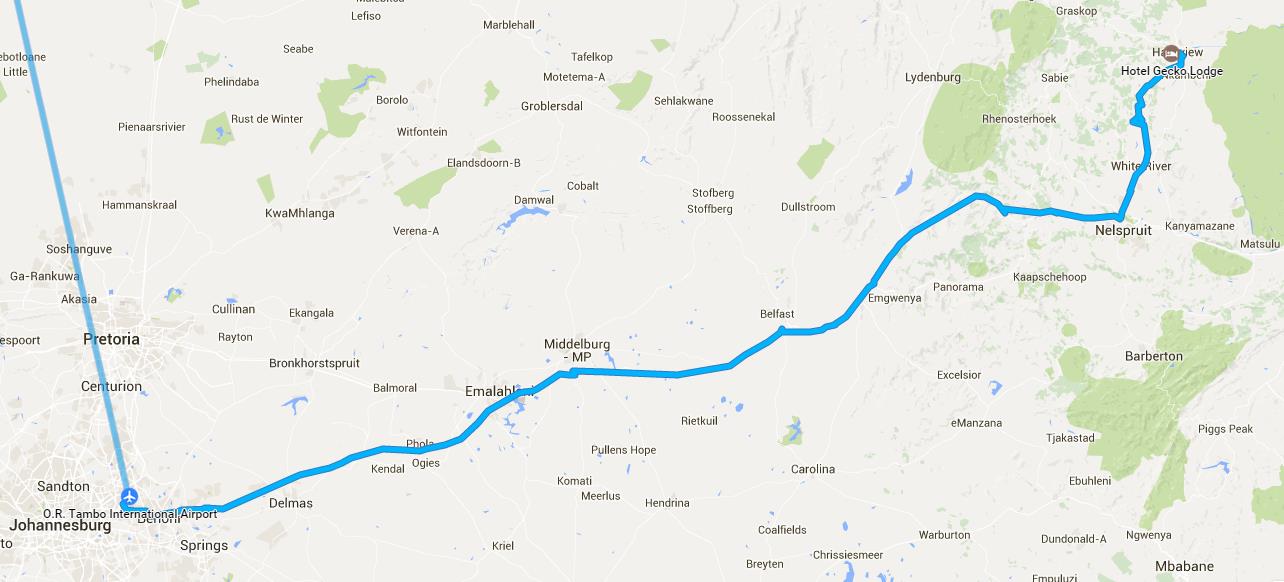 route Johannesburg to Hazyview / Gecko Lodge